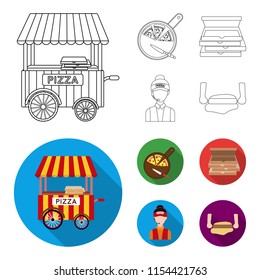 Mobile trailer, cutting board for pizza, boxes, salesman. Pizza and pizzeria set collection icons in outline,flat style vector symbol stock illustration web.