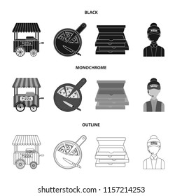 Mobile trailer, cutting board for pizza, boxes, salesman. Pizza and pizzeria set collection icons in black,monochrome,outline style vector symbol stock illustration web.