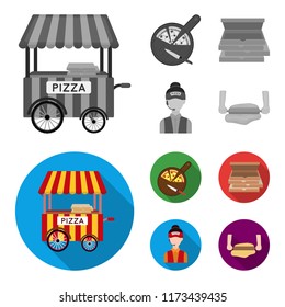 Mobile trailer, cutting board for pizza, boxes, salesman. Pizza and pizzeria set collection icons in monochrome,flat style vector symbol stock illustration web.