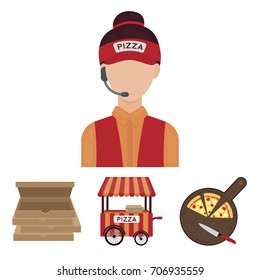 Mobile trailer, cutting board for pizza, boxes, salesman. Pizza and pizzeria set collection icons in cartoon style vector symbol stock illustration web.