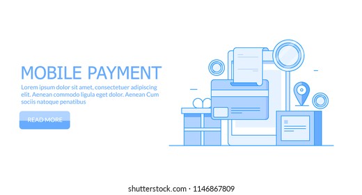 Mobile transaction process, shopping app, smart payment method flat line vector banner on white background