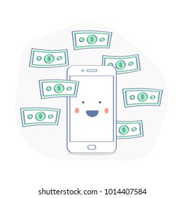 Mobile transfer, cute happy cartoon smartphone with flying paper money. Mobile marketing or banking, sending and receiving funds via phone. Flat outline modern high quality icon concept.