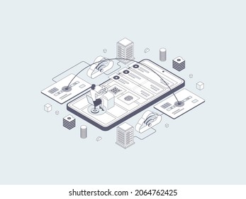 Mobile Transfer Isometric Illustration Lineal Gray. Suitable for Mobile App, Website, Banner, Diagrams, Infographics, and Other Graphic Assets.