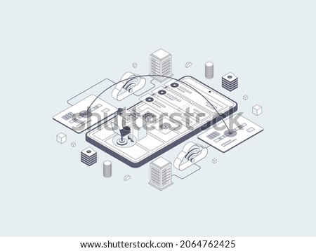 Mobile Transfer Isometric Illustration Lineal Gray. Suitable for Mobile App, Website, Banner, Diagrams, Infographics, and Other Graphic Assets.