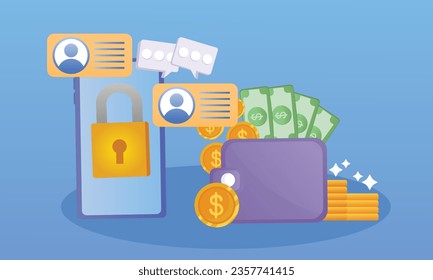 Mobile Transfer, spend and save money online mobile phones.on blue background.Vector Design Illustration.