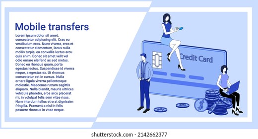 Mobile transfers.Use of mobile applications for cash payments.The illustration in the style of the landing page is blue.