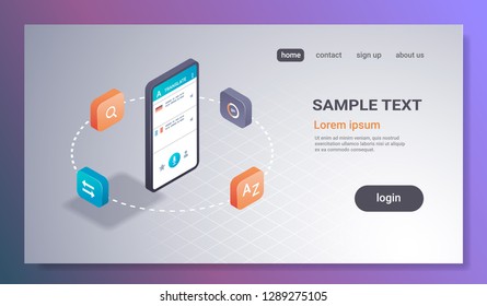 mobile translator application online translation concept smartphone screen internet dictionary learning language app 3d isometric flat horizontal copy space