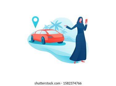 Mobile transport app design, arab girl in abaya hold smartphone, automobile share, businesswoman order ride, rental service template, muslim people, transport sharing concept, vector cartoon character