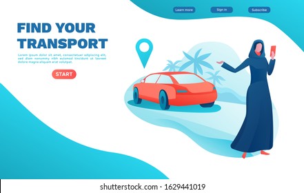 Mobile Transport App Design, Arab Girl In Abaya Hold Smartphone, Automobile Share Vector Cartoon Character