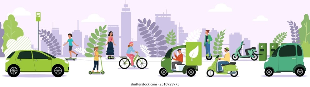 Mobile transport. Urban share bicycle. Electric bike. Eco city vehicles. Public transportation. People drive cars and scooters down town street. Ecological lifestyle. Vector driver service background