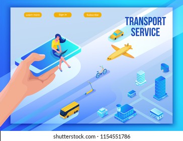 Mobile transportation online service landing page template, travel booking app concept with 3d isometric vector flat icons of smartphone, airplane, bus, electric scooter, girl searching in internet