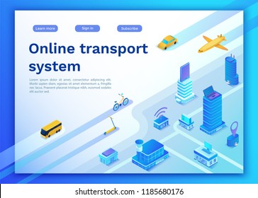 Mobile transportation online service landing page template, travel booking app concept with 3d isometric vector flat icons of smartphone, airplane, bus, electric scooter, girl searching in internet