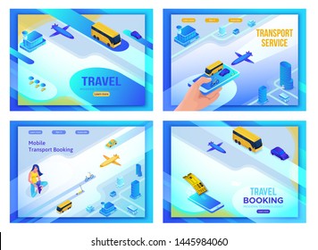 Mobile transportation online service landing page template set, travel booking app concept, 3d isometric vector, smart city, smartphone, airplane, bus, girl searching in internet, ux design