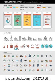 Interfaz de usuario de la aplicación Mobile Travel con ilustraciones e iconos de estilo lineal. Concepto de planificación de vacaciones y reserva online.
