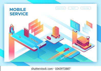 Mobile travel concept, landing page template with isometric 3d icons of hotel, airplane, smartphone, tickets, passport, application design, vector illustration