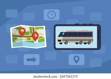 Mobile Trip Planning and Bus Tracking Application with Map for Public Transportation Navigation 2d flat vector illustrations