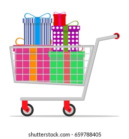 Mobile trolley with gifts. Flat design, vector illustration, vector.