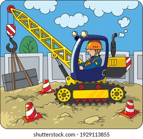 Mobile truck crane with a driver, construction worker. Vector cartoon for kids. Small funny vector cute car with an operator. Children vector illustration. Heavy machinery