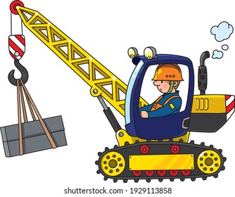 Mobile truck crane with a driver, construction worker. Vector cartoon for kids. Small funny vector cute car with an operator. Children vector illustration. Heavy machinery