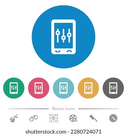 Mobile tweaking flat white icons on round color backgrounds. 6 bonus icons included.
