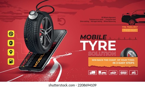 Mobile Tyre Solution. Web banner. Advertisement red poster with car tyre wheel rim with rubber. Tubules tyre repair. Wheel balancing. Shim setting. 3D wheel alignment. Phone quick help in the road.