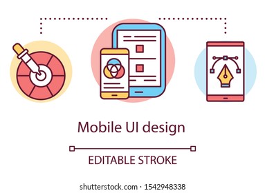 Mobile UI design concept icon. Software programming idea thin line illustration. Application performance management. User experience on tablet. Vector isolated outline drawing. Editable stroke
