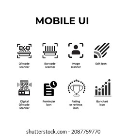 Mobile UI icons kit for scanner application with QR code, image scanner, reminder, review and chart icon