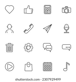 Mobile ui kit line icons set, outline vector symbol collection, linear style pictogram pack. Signs, logo illustration. Set includes icons as camera, microphone, contact, calendar, shopping bag, music