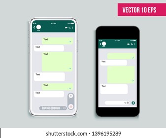 Kit de interface do usuário móvel messenger. Celular. Modelo de aplicativo de bate-papo. Smartphone branco e preto realista moderno. Conceito de rede social. Ilustração vetorial. Mock up
