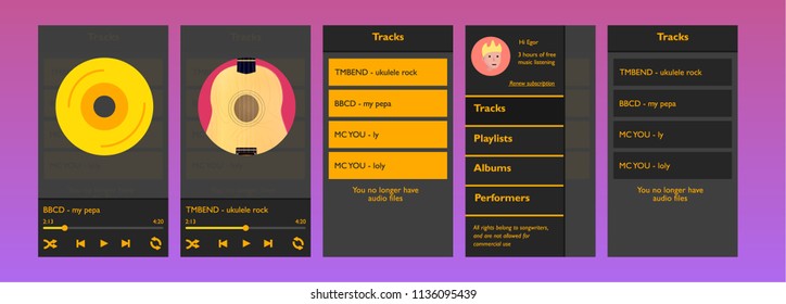 Mobile UI kit for music application. Vector. EPS10