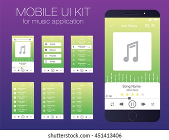 Mobile UI kit for music application. Vector. EPS10