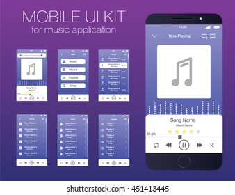 Mobile UI kit for music application. Vector. EPS10