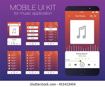 Mobile UI kit for music application. Vector. EPS10