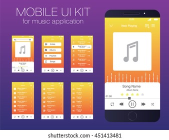 Mobile UI Kit For Music Application. Vector. EPS10