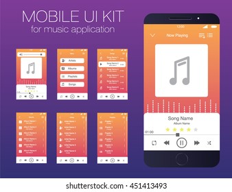 Mobile UI kit for music application. Vector. EPS10