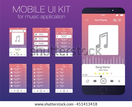 Mobile UI kit for music application. Vector. EPS10