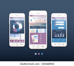 Mobile ui kit. Vector design in trendy color with  mobile phones, interface elements. 