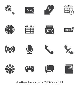 Mobile UI kit vector icons set, modern solid symbol collection, filled style pictogram pack. Signs, logo illustration. Set includes icons as phone call, microphone, clock time, email, calendar, wifi
