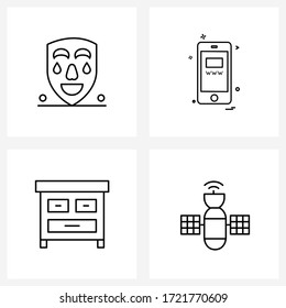 Symbolsatz der mobilen UI-Line von 4 modernen Piktogrammen der Comedy-Maske; Tabelle; mobil; Telefon; Vektorgrafik im Orbit
