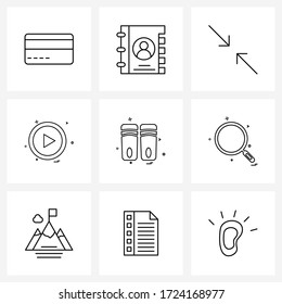 Mobile UI Line Icon Set of 9 Modern Pictograms of bottle; play; arrow; user interface; down Vector Illustration