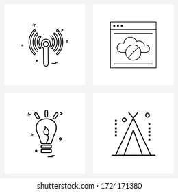 Conjunto de iconos de línea de interfaz de usuario móvil de 4 Pictogramas modernos de infrarrojos; bulbo; desactivar; sitio web; ilustración de vectores de camping