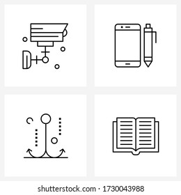 Mobile UI Line Icon Set of 4 Modern Pictograms of cctv; fishing; logistics; iPhone; books Vector Illustration