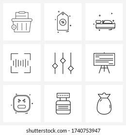 Mobile UI Line Icon Set of 9 Modern Pictograms of settings; secure; bed; identification; angle Vector Illustration