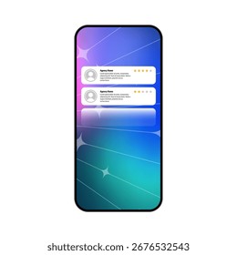 Mobile UI mockup with colorful gradient background, review cards, star ratings, and placeholder text for agency feedback.
