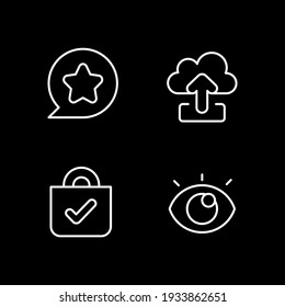 Mobile UI signs white linear icons set for dark theme. Uploading data to remote server. Social media. Night mode customizable thin line symbols. Isolated vector outline illustrations. Editable stroke