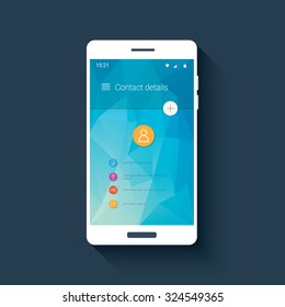 Mobile ui template with contact menu icon set on colorful low poly background. White line icons for smartphone user interface application. Eps10 vector illustration.