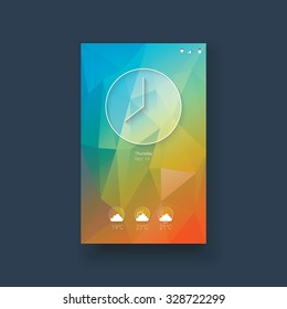 Mobile ui template with icons for opening screen clock and weather forecast. Modern line icon design on low poly background. Eps10 vector illustration.
