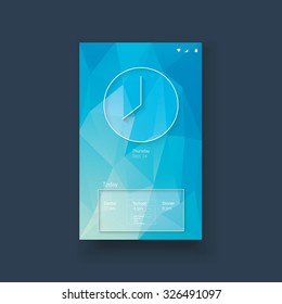 Mobile ui template in modern material design with low poly background. Clock and calendar or organizer user interface on colorful vector polygons. Eps10 vector illustration.