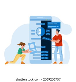 Vector De Negocios De Diseñador De Diseño De Ui Y Ux Móvil. Ocupación Profesional De Hombre Y Mujer En El Diseño De Teléfono Ui Y Ux. Caracteres Tecnología Creadora De Niños Y Niñas Trabajar Ilustración De Dibujo Plano