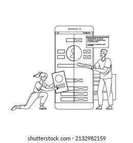 Mobile Ui And Ux Design Designer Business Black Line Pencil Drawing Vector. Man And Woman Professional Occupation In Phone Ui And Ux Design. Characters Boy Girl Creator Technology Work Illustration